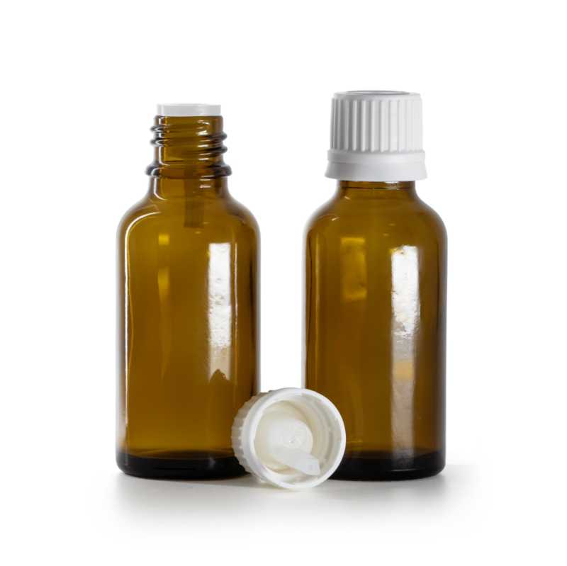 Frasco de vidrio ámbar, tapón blanco con cuentagotas interior, 30 ml