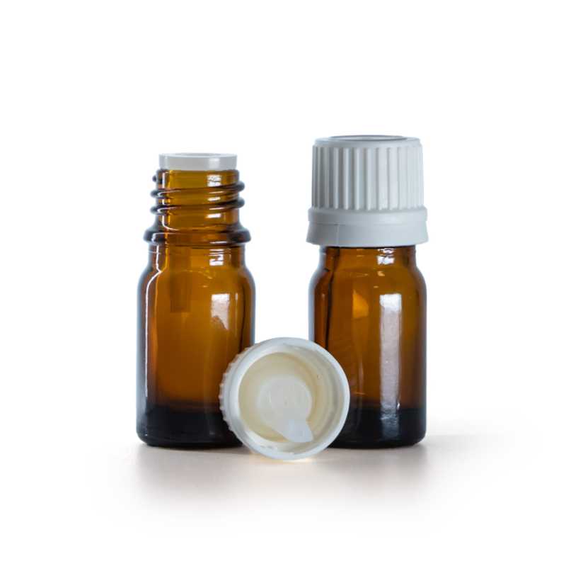 Frasco de vidrio ámbar, tapón cuentagotas blanco con cierre de seguridad, 5 ml