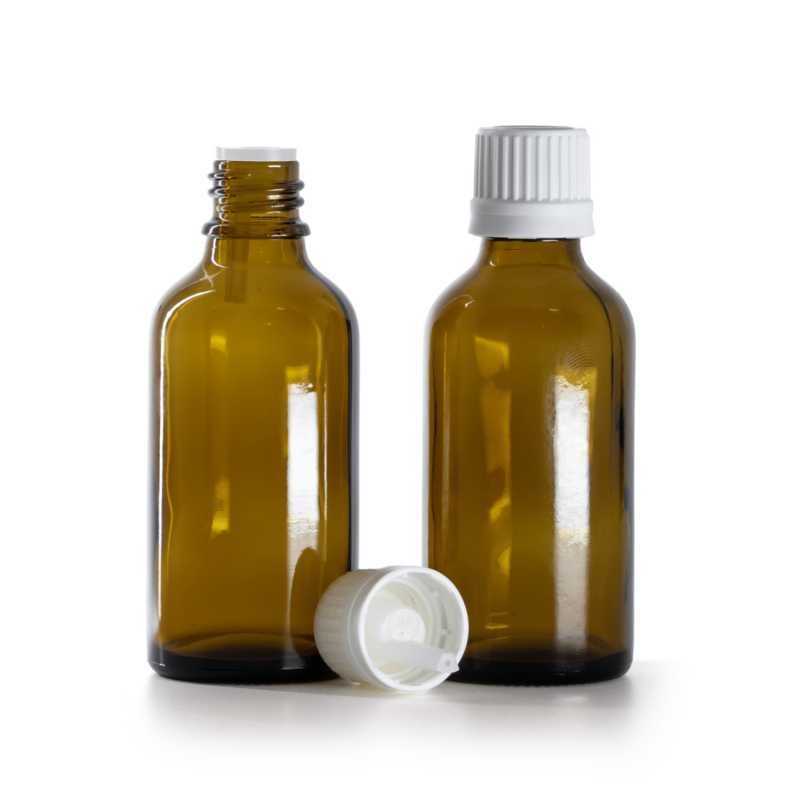 Frasco de vidrio ámbar, tapón blanco con cierre de seguridad y cuentagotas interior, 50 ml