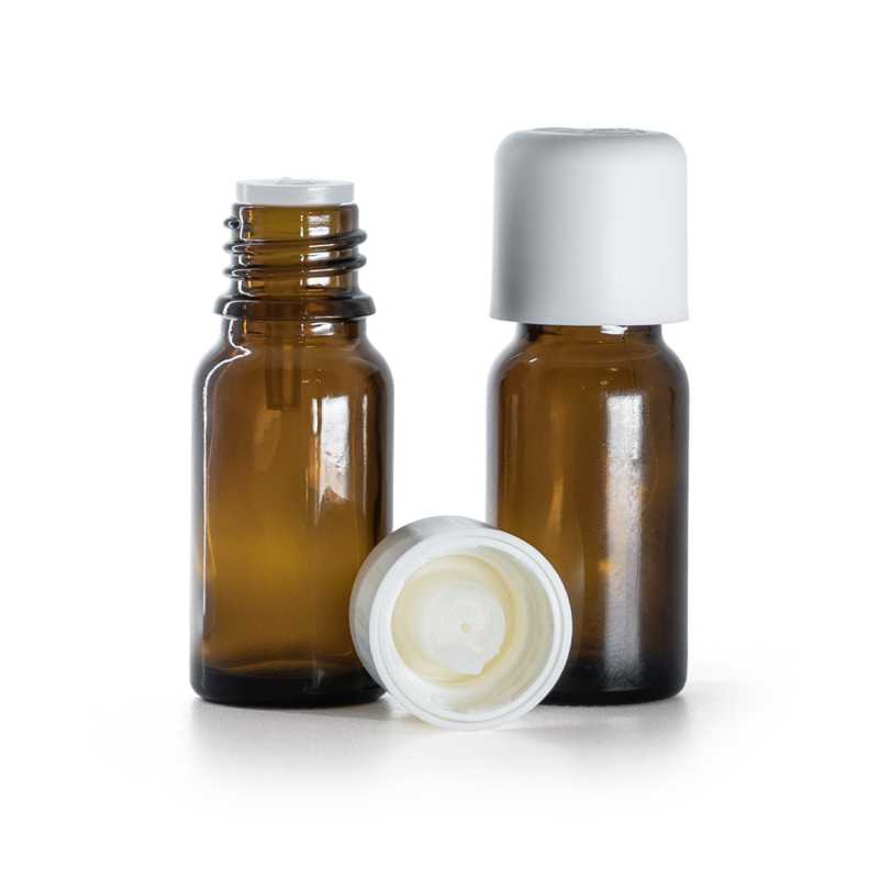 Frasco de vidrio ámbar, tapón de seguridad blanco con cuentagotas, 10 ml