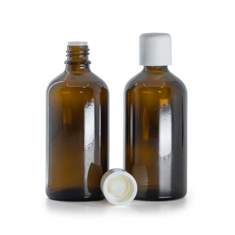 Botella de vidrio, ámbar, tapón de seguridad blanco con cuentagotas, 100 ml