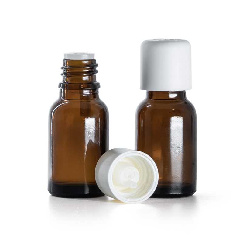 Frasco de vidrio ámbar, cuentagotas, tapón de seguridad blanco, 15 ml