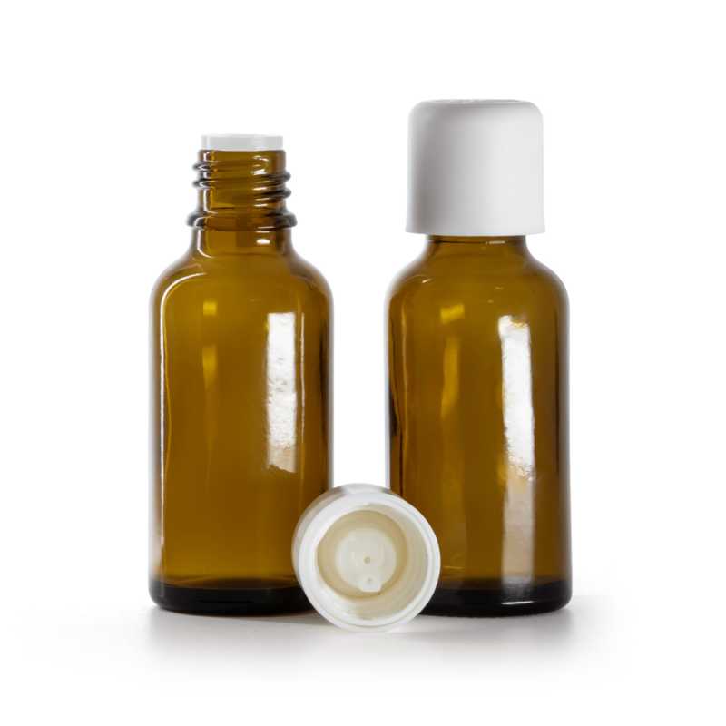 Frasco de vidrio ámbar, cuentagotas, tapón de seguridad blanco, 30 ml