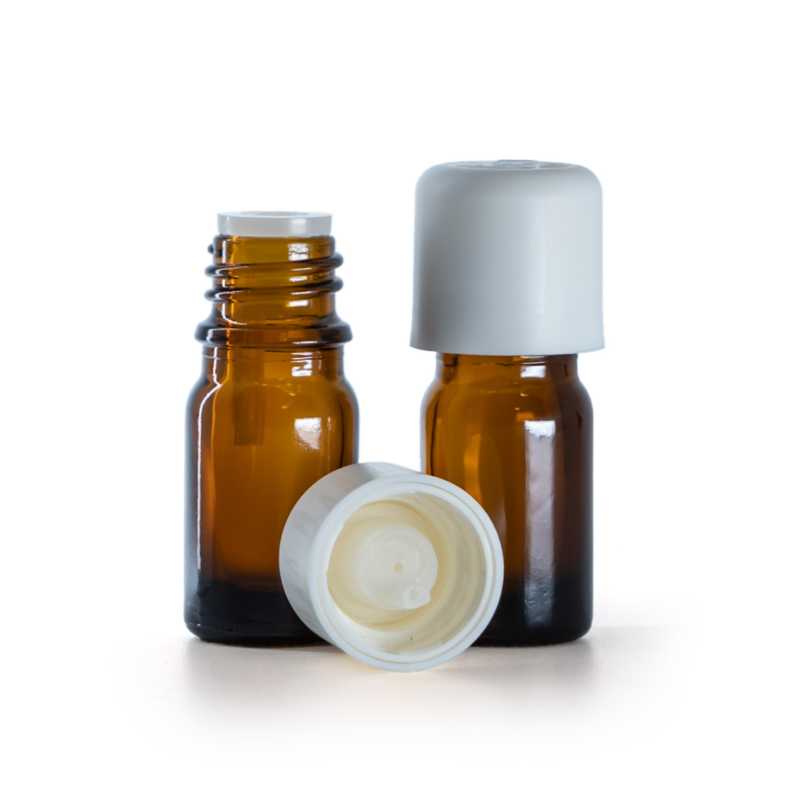 Botella de vidrio ámbar, tapón cuentagotas de seguridad blanco, 5 ml