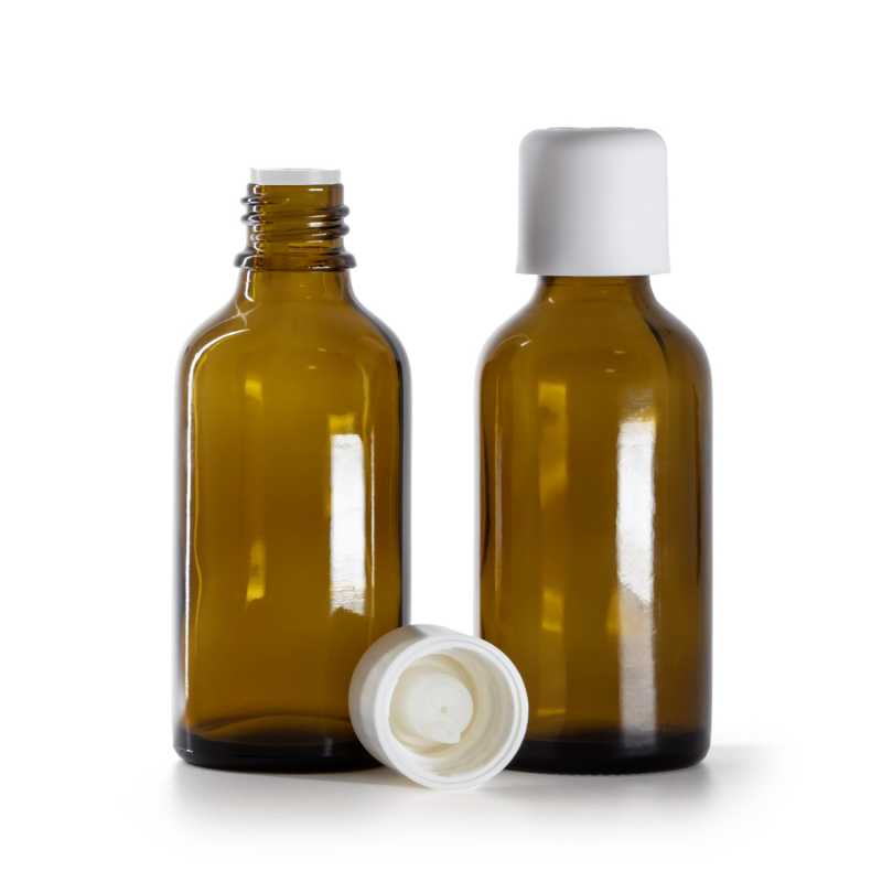 Frasco de vidrio ámbar, tapón de seguridad blanco con cuentagotas, 50 ml