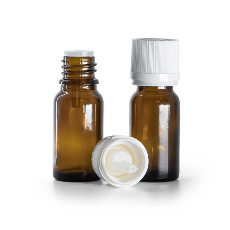 Frasco cuentagotas de vidrio ámbar, anillo de seguridad blanco con cuentagotas, 10 ml