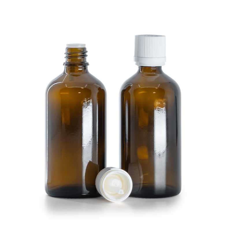 Botella de vidrio, ámbar, tapón de seguridad inviolable blanco con cuentagotas, 100 ml