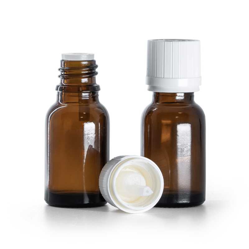 Frasco de vidrio ámbar, tapón de seguridad inviolable blanco con cuentagotas, 15 ml