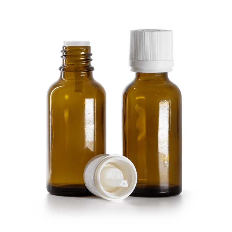 Frasco cuentagotas de vidrio ámbar, tapón de seguridad inviolable blanco con cuentagotas, 30 ml