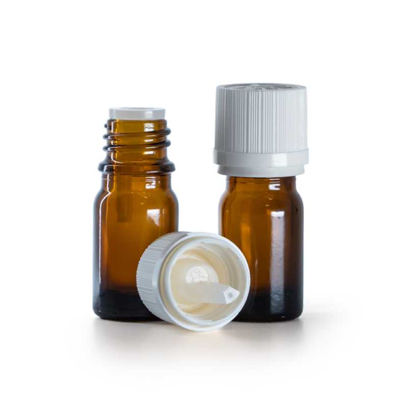 Frasco de vidrio ámbar, tapón de seguridad blanco con precinto y cuentagotas, 5 ml