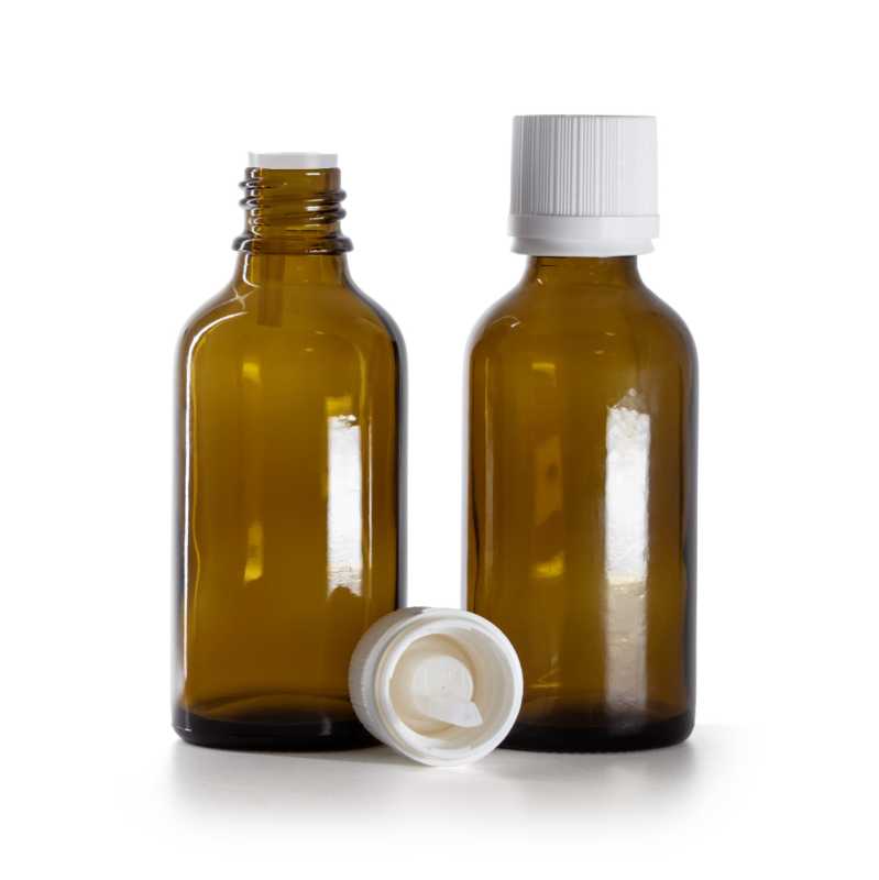 Frasco de vidrio ámbar, tapón de seguridad inviolable blanco con cuentagotas, 50 ml