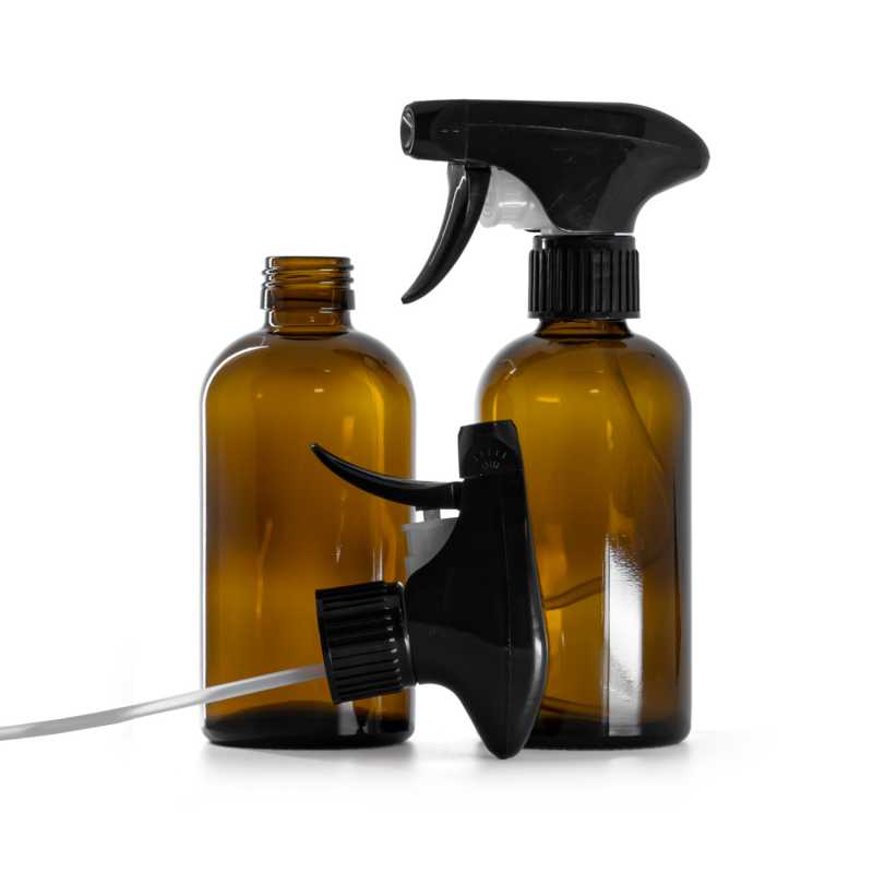 Botella de vidrio Boston, 28 mm, pulverizador de gatillo negro, 250 ml