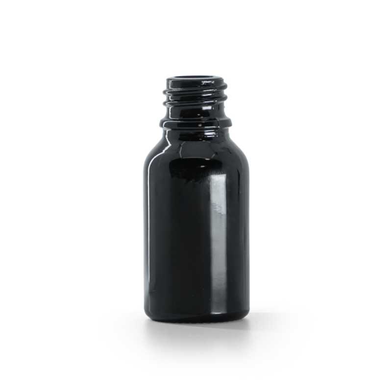 Botella de vidrio, negro brillante, 15 ml, bandeja, 156 uds