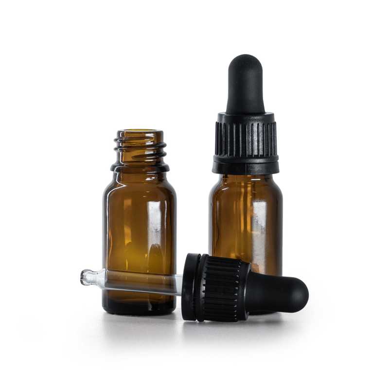 Frasco de vidrio ámbar, cuentagotas negro inviolable, 10 ml