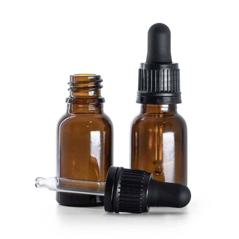 Botella de vidrio ámbar, cuentagotas negro, 15 ml