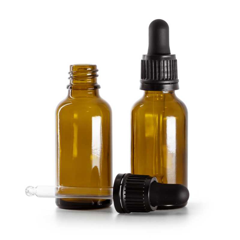 Botella de vidrio, ámbar, cuentagotas negro, 30 ml