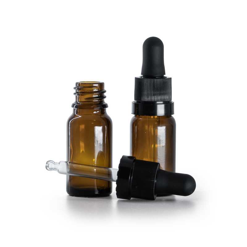 Frasco de vidrio ámbar, cuentagotas negro mate con franja brillante, 10 ml