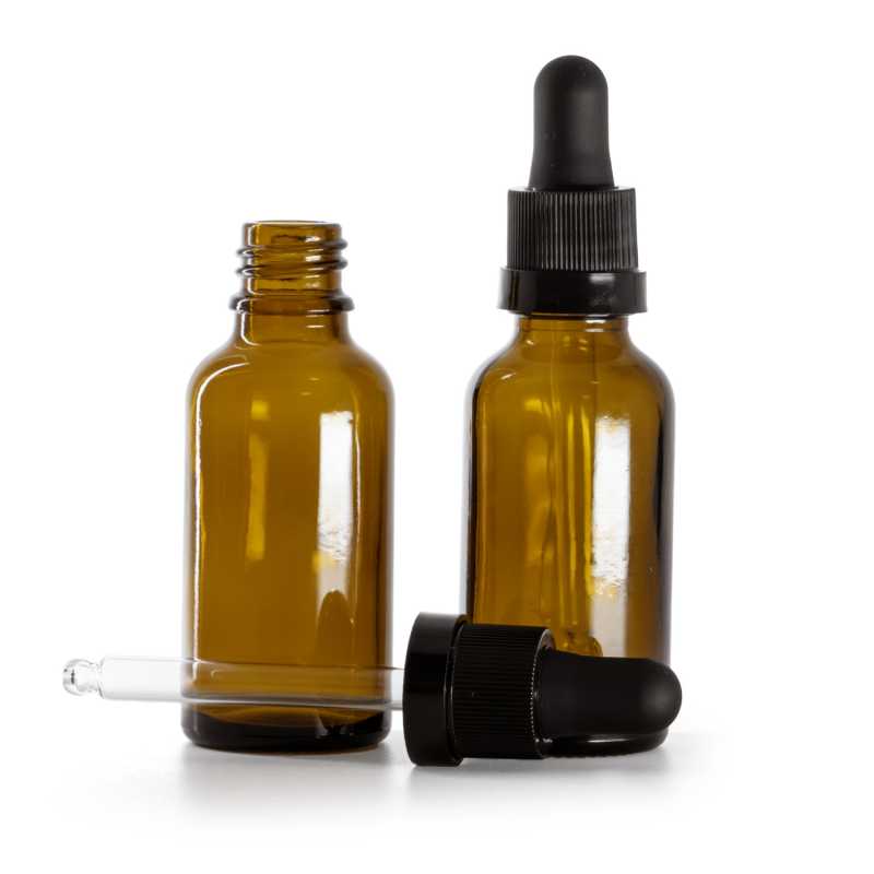 Frasco de vidrio ámbar, cuentagotas negro mate con franja brillante, 30 ml