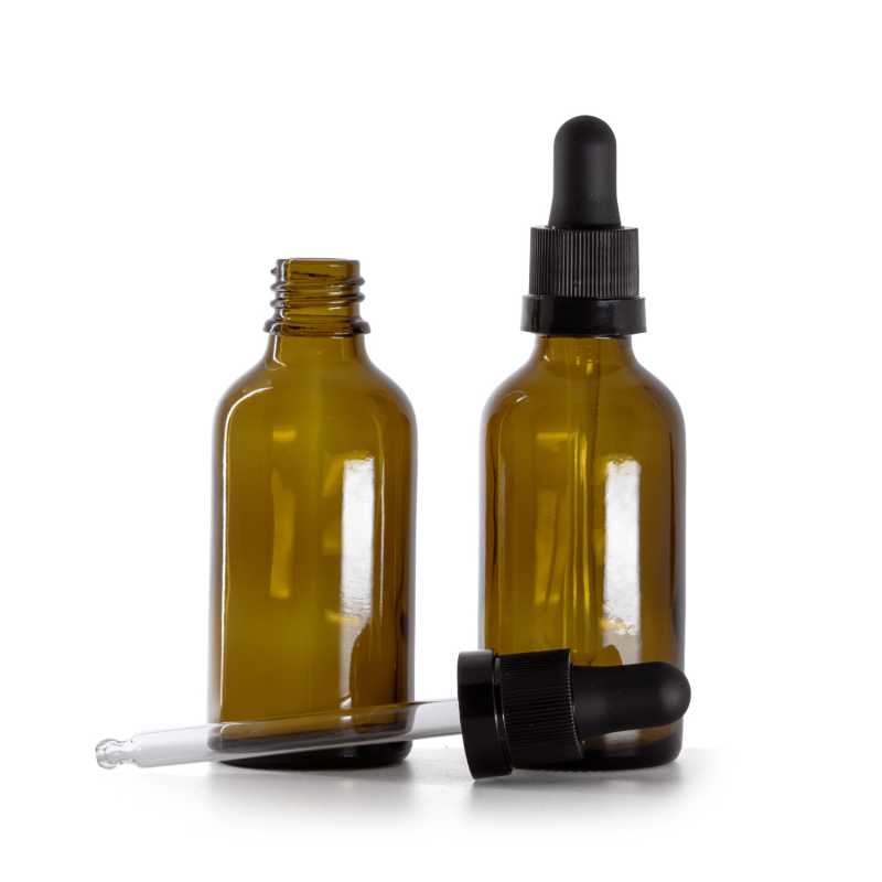 Frasco de vidrio ámbar, cuentagotas negro mate con franja brillante, 50 ml