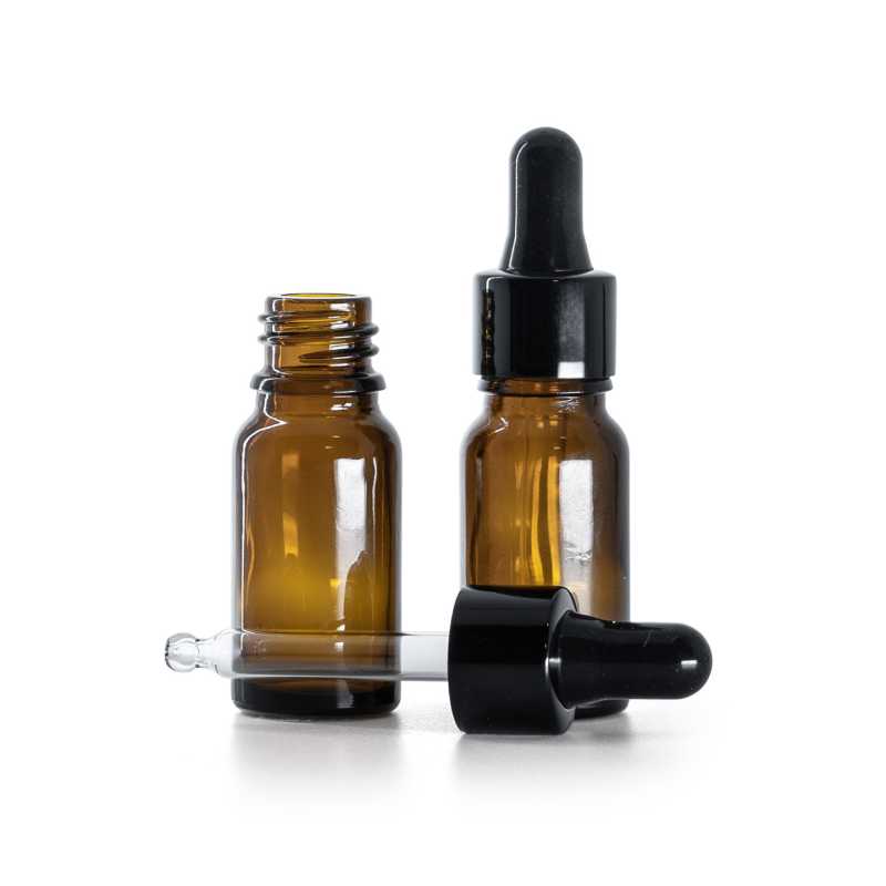 Botella de vidrio ámbar, cuentagotas negro brillante, 10 ml