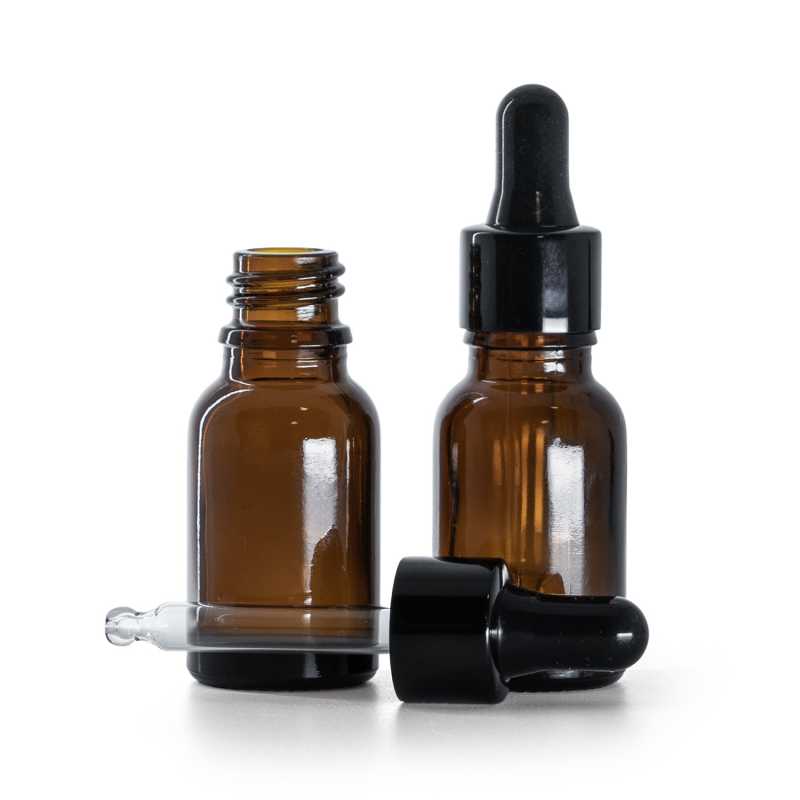 Frasco de vidrio, ámbar, cuentagotas, negro brillante, 15 ml
