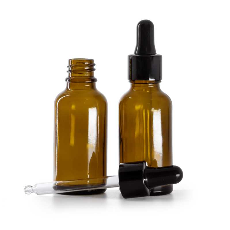Botella de vidrio, ámbar, cuentagotas negro brillante, 30 ml