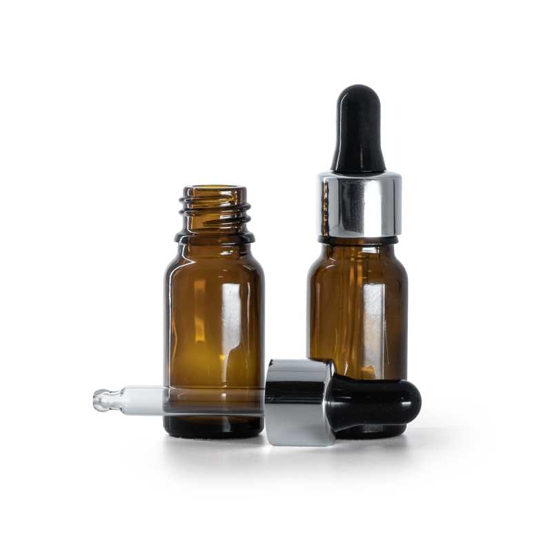 Botella de vidrio ámbar, cuentagotas negro plata brillante, 10 ml