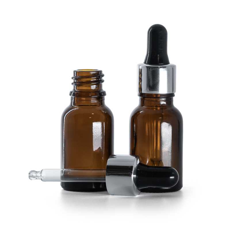Frasco de vidrio ámbar, cuentagotas negro plata brillante, 15 ml