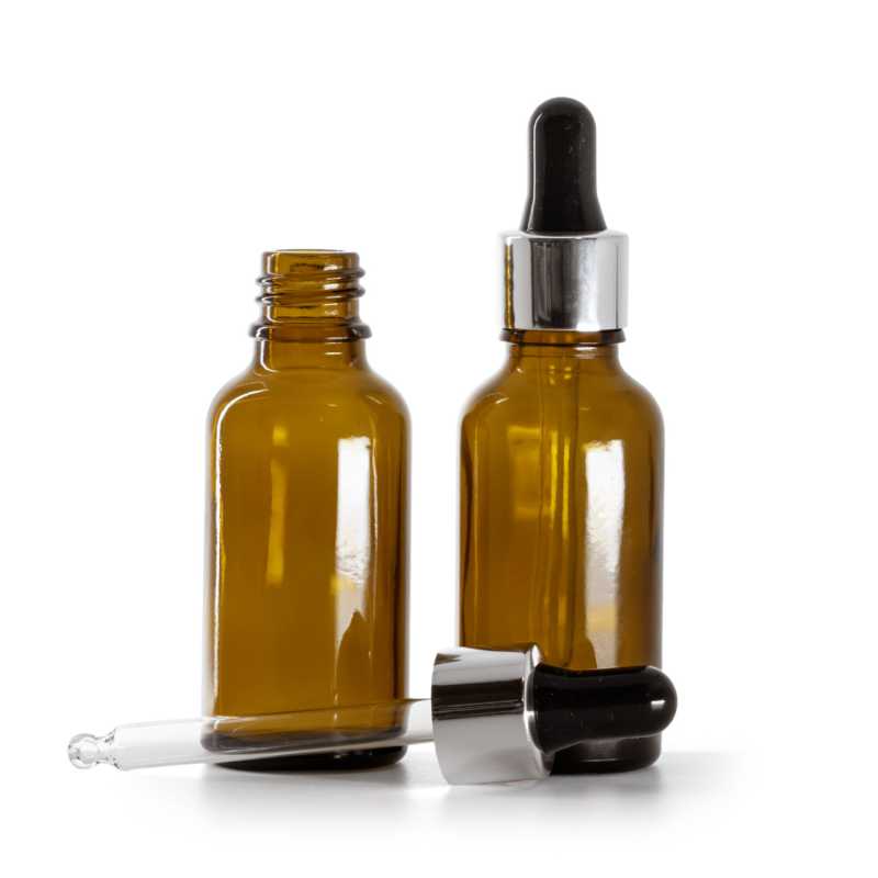 Botella de vidrio, transparente, cuentagotas negro plateado, 30 ml