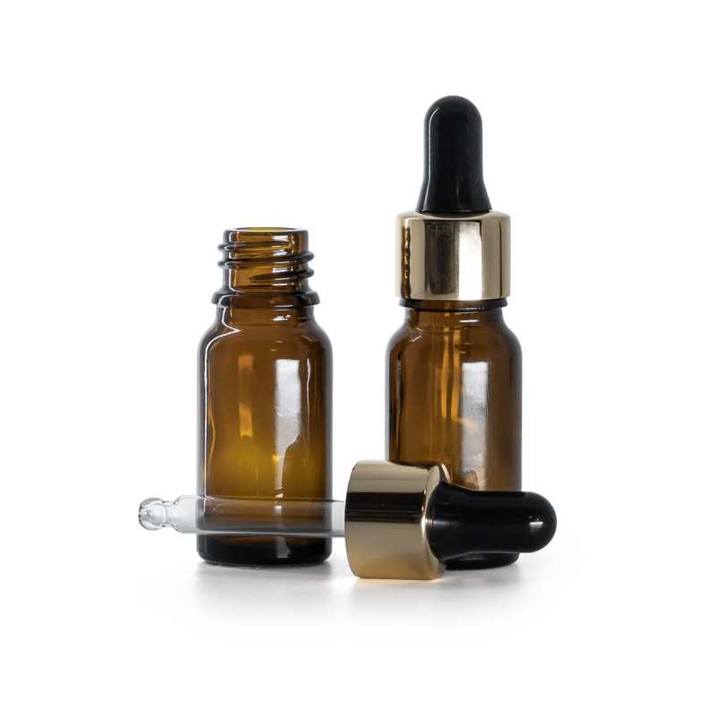 Botella de vidrio ámbar, cuentagotas negro dorado, 10 ml