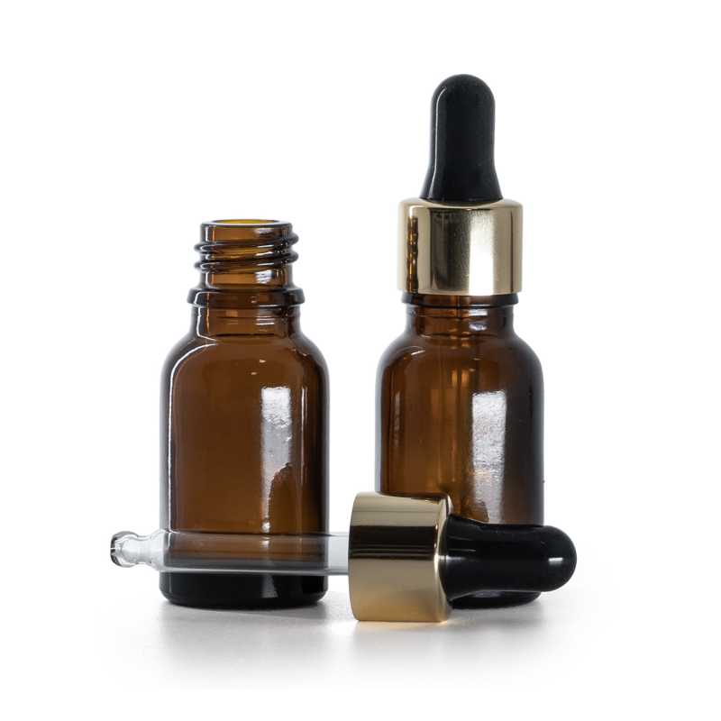 Frasco de vidrio, ámbar, cuentagotas negro dorado, 15 ml