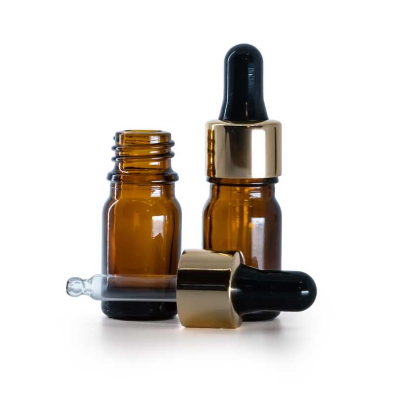 Frasco de vidrio, ámbar, cuentagotas negro dorado, 5 ml