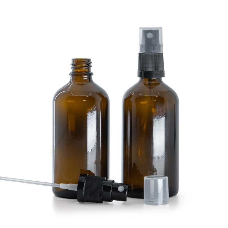 Botella de vidrio, ámbar, pulverizador negro, 100 ml