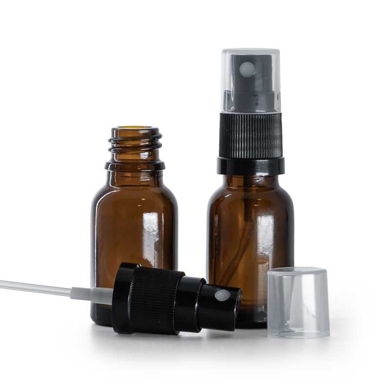 Botella de vidrio ámbar, pulverizador negro, 15 ml