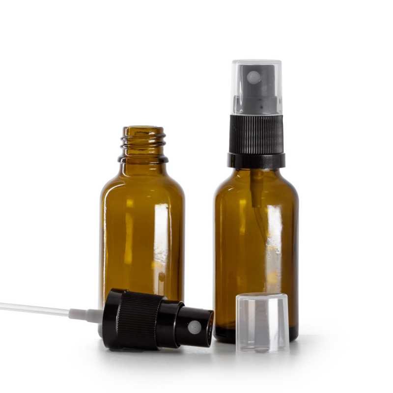 Botella de vidrio ámbar, pulverizador negro, 30 ml