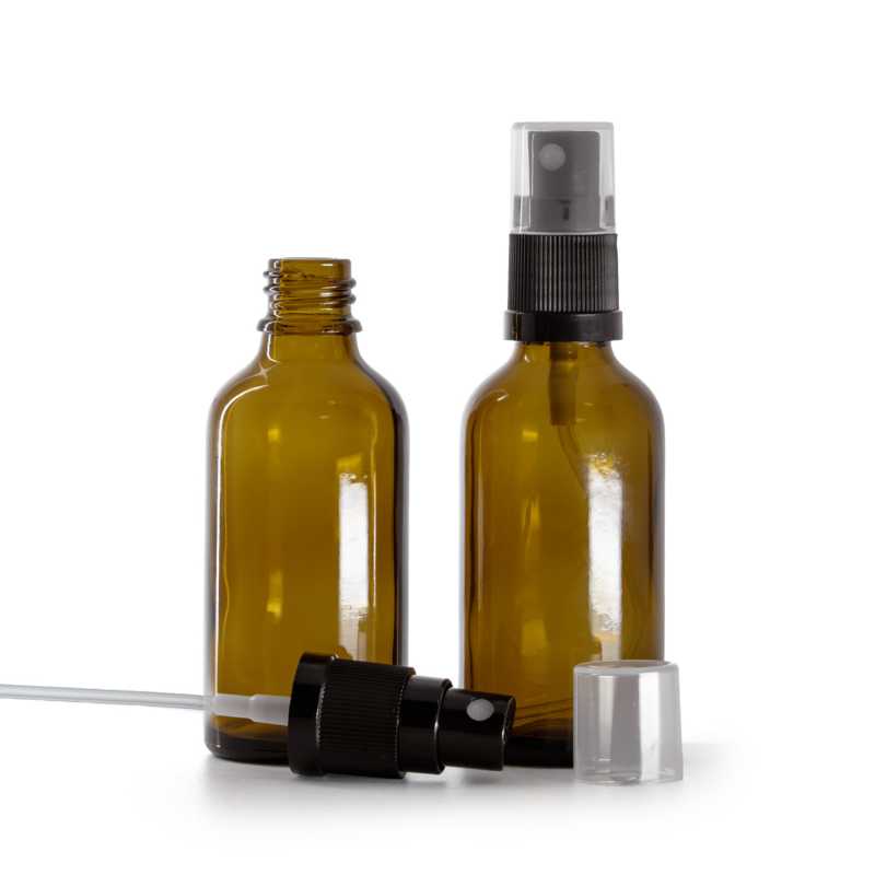 Pulverizador, botella de vidrio, ámbar, negro, 50 ml