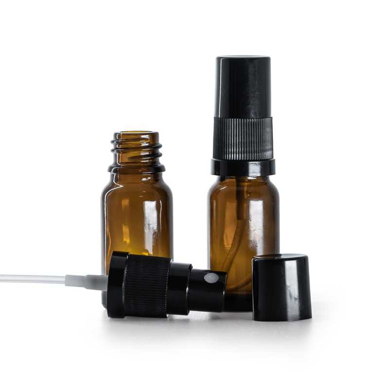 Botella de vidrio ámbar, pulverizador, negro, 10 ml