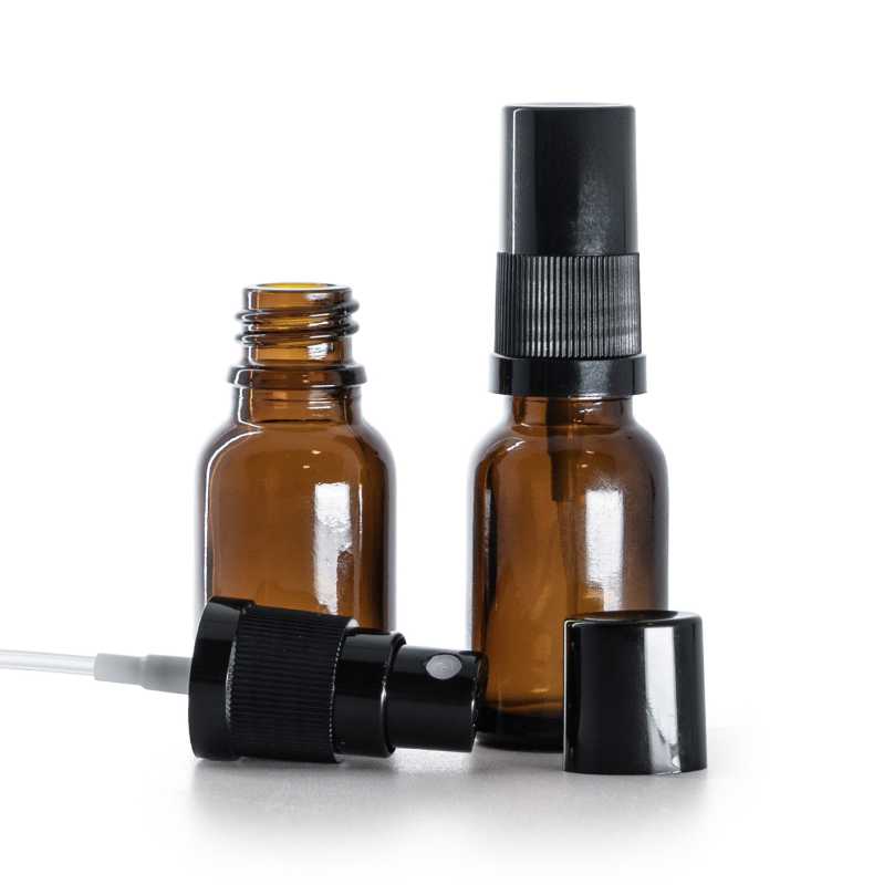 Botella de vidrio ámbar, pulverizador, negro, 15 ml