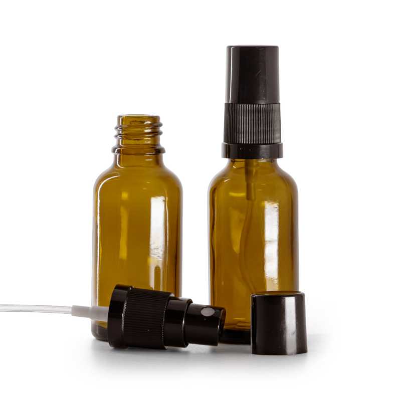 Botella de vidrio ámbar, pulverizador, negro, 30 ml