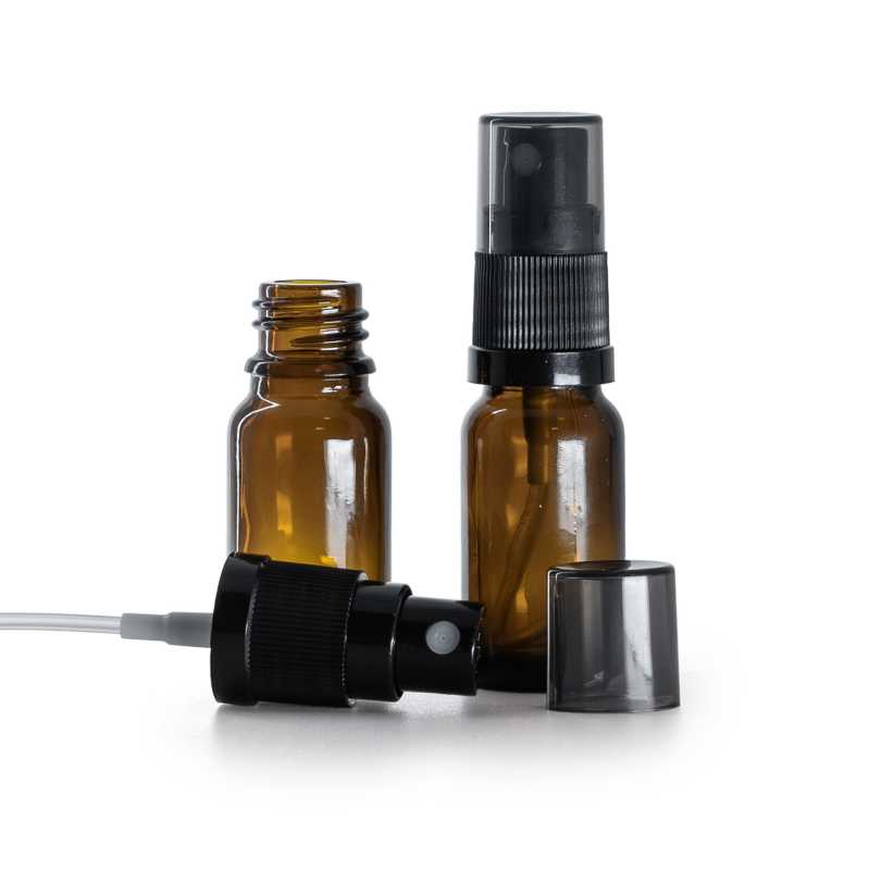 Frasco de vidrio ámbar, pulverizador negro, sobretapa ahumada, 10 ml