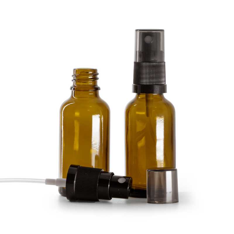 Frasco de vidrio ámbar, pulverizador negro, sobretapa ahumada, 30 ml