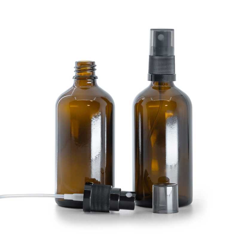 Frasco de vidrio ámbar, pulverizador negro, sobretapa ahumada, 100 ml