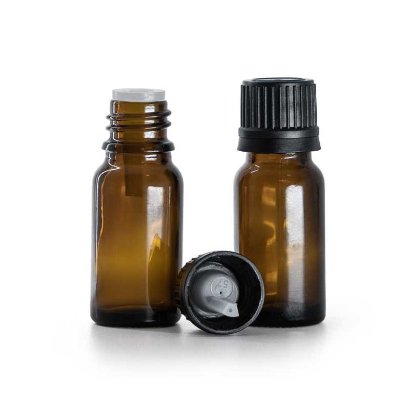 Frasco de vidrio ámbar, tapón negro con cuentagotas interior, 10 ml