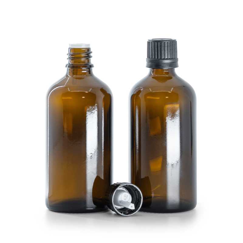Frasco de vidrio marrón, tapón negro con cuentagotas, 100 ml