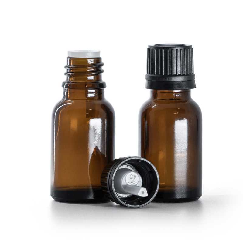 Frasco de vidrio ámbar, tapón negro con cuentagotas, 15 ml
