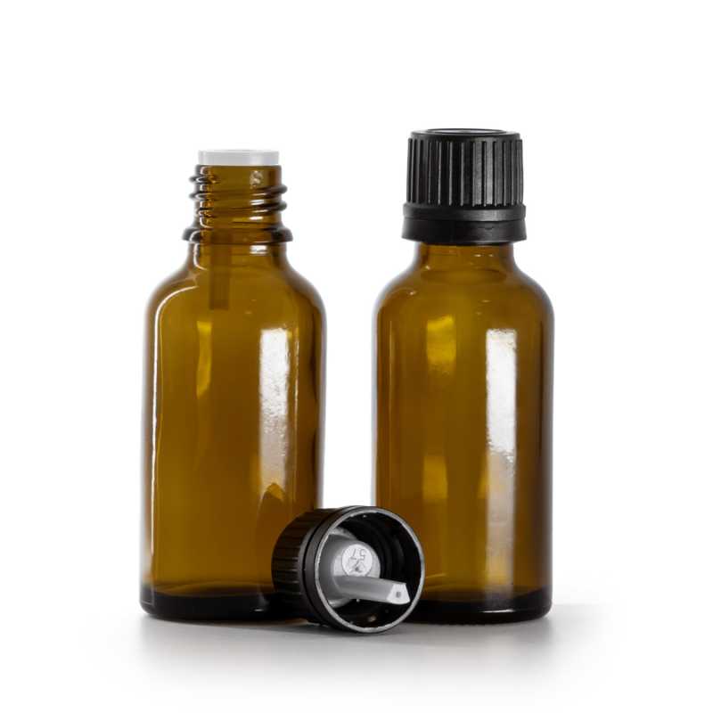 Frasco de vidrio ámbar, tapón negro con cuentagotas interior, 30 ml