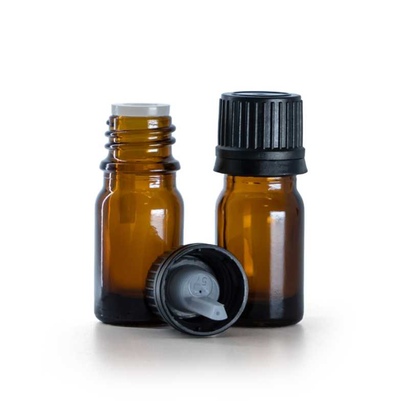 Frasco de vidrio, tapón negro con cuentagotas interior, 5 ml