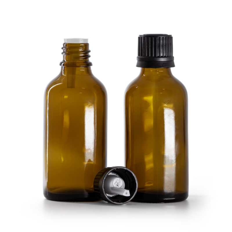 Frasco de vidrio ámbar, tapón negro con cuentagotas interior, 50 ml