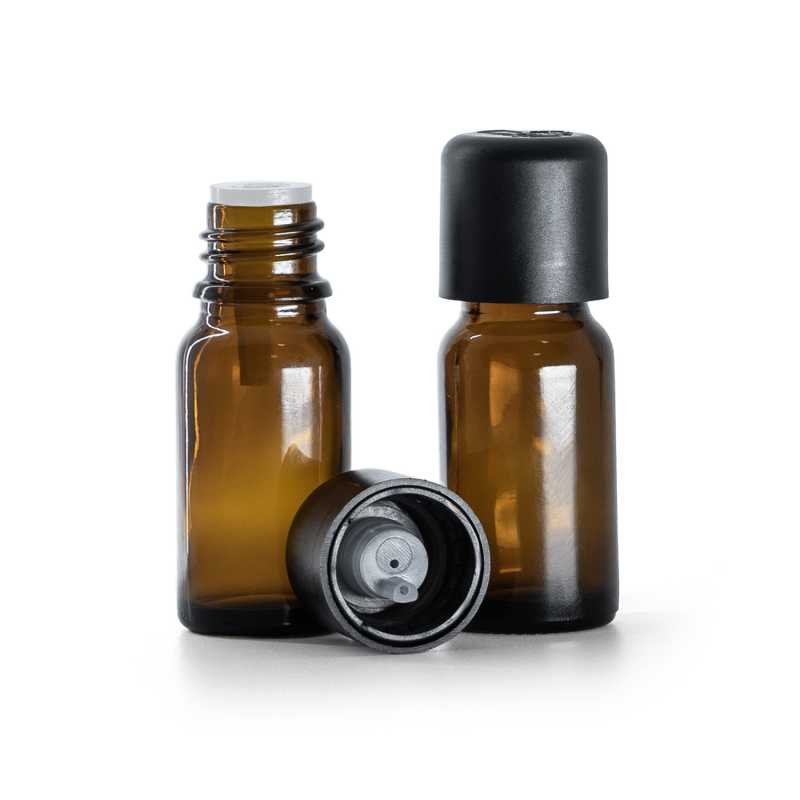 Frasco cuentagotas de vidrio ámbar, tapón de seguridad negro con gotero, 10 ml