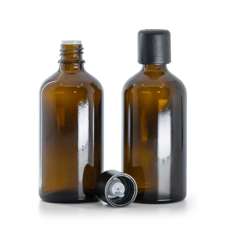 Frasco de vidrio, ámbar, tapón de seguridad inviolable negro con cuentagotas, 100 ml